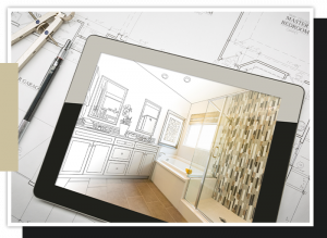 Image of blueprints and a bathroom being designed on an Ipad