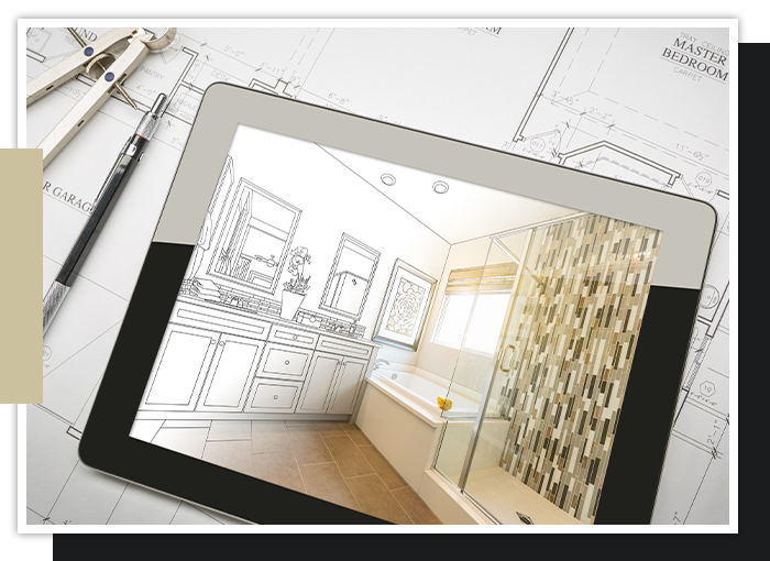 Image of blueprints and a bathroom being designed on an Ipad